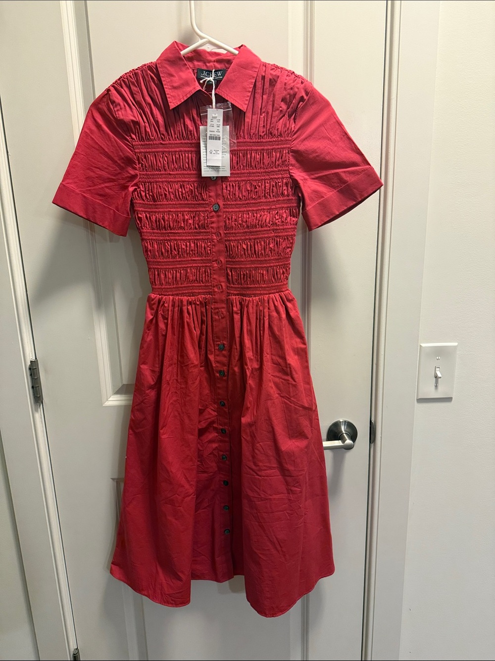 J. Crew Red Smocked Button-Front Midi Dress